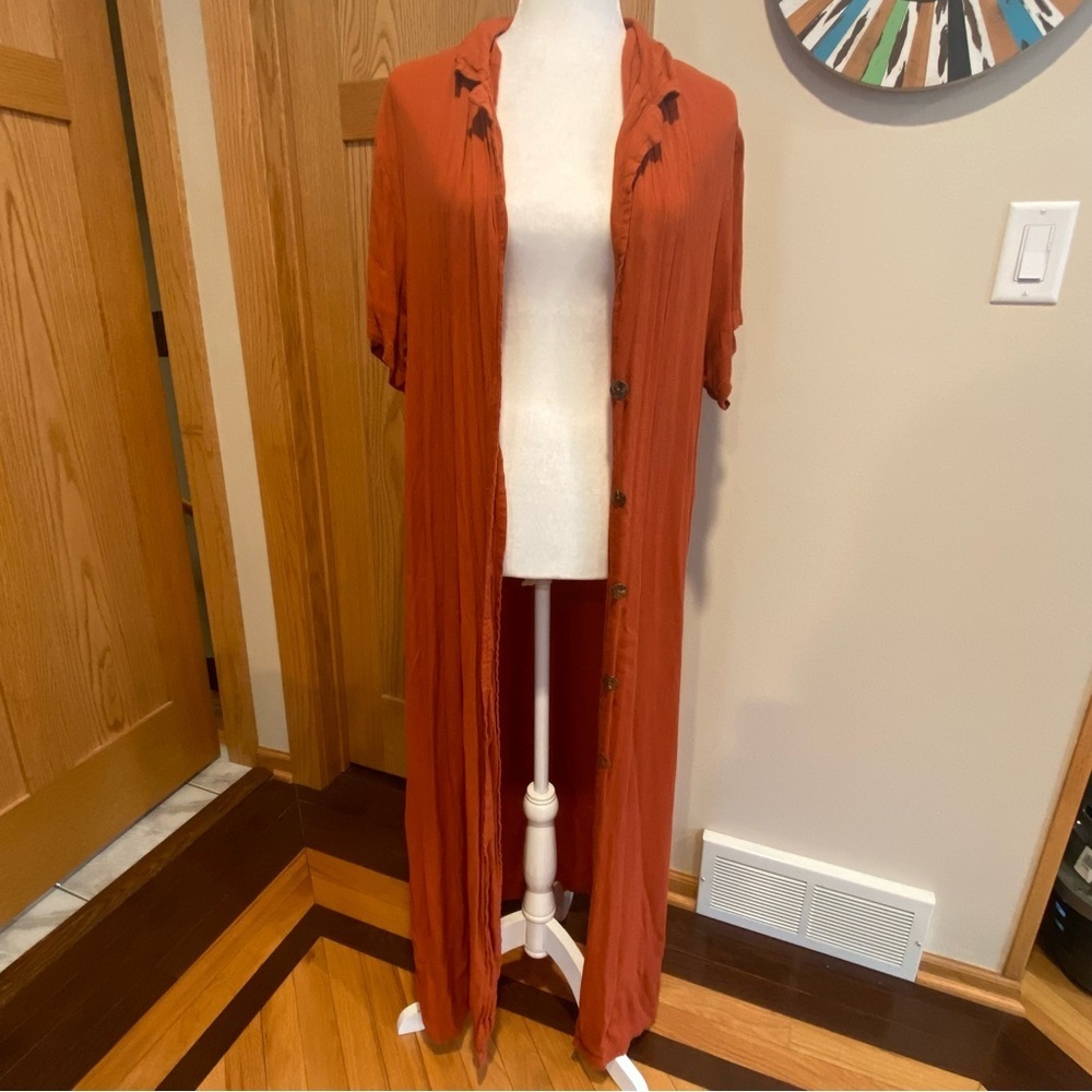 Nasty Gal Collection Sz 12 Long Shirt Gauze Dress Burnt Orange Short Sleeve